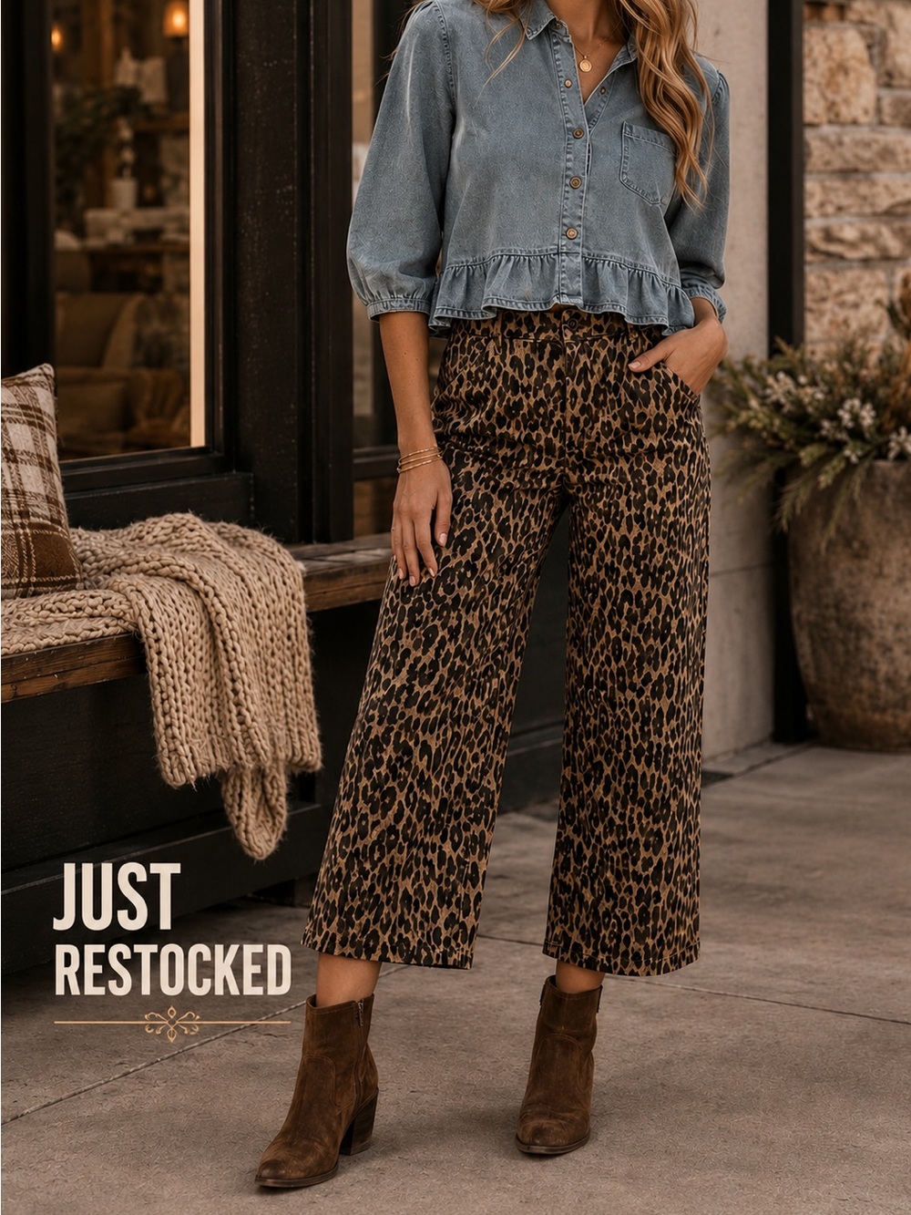 978. Women’s Leopard Print Wide-Leg Cropped Pants NEW